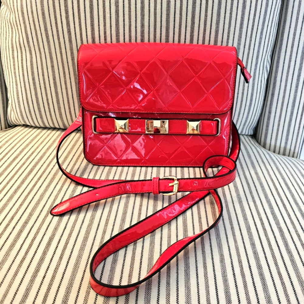 NOATD Red Patent Quilted Crossbody Bag Gold Stud Turn Lock Satchel